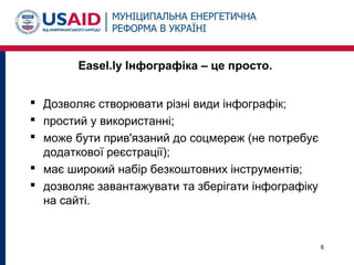 Easel.ly Інфографіка – це просто.
 Дозволяє створювати різні види інфографік;
 простий у використанні;
 може бути прив'язаний до соцмереж (не потребує
додаткової реєстрації);
 має широкий набір безкоштовних інструментів;
 дозволяє завантажувати та зберігати інфографіку
на сайті.
6
 