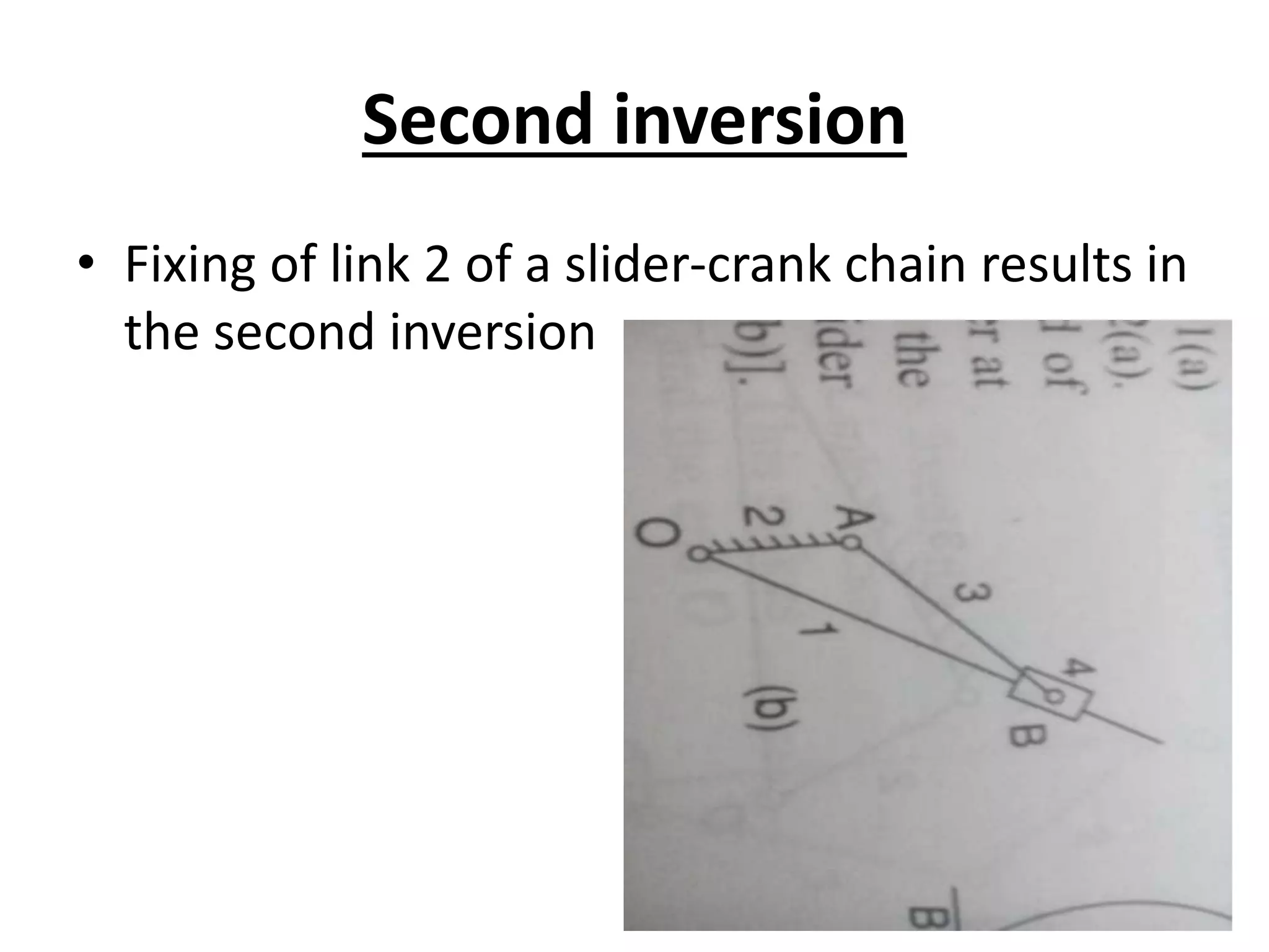 Second inversion
• Fixing of link 2 of a slider-crank chain results in
the second inversion
 