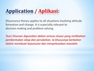 Application / Aplikasi



Teori Disonan digunakan dalam semua situasi yang melibatkan
pembentukan sikap dan perubahan. Ia khususnya berkaitan
dalam membuat keputusan dan menyelesaikan masalah.
 