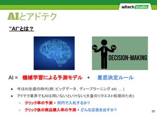 AIとアドテク
● 今はAI全盛の時代(例: ビッグデータ , ディープラーニング etc … )
● アドテク業界でもAIは用いないといけない(大量のリクエスト処理のため)
○ クリック率の予測 + 何円で入札するか?
○ クリック後の商品購入率の予測 + どんな広告を出すか? 25
”AI”とは？
AI = 機械学習による予測モデル + 意思決定ルール
 