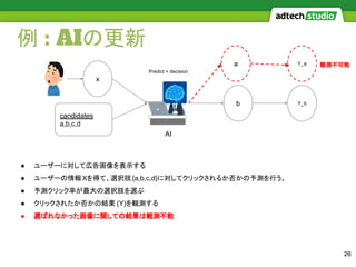 例 : AIの更新
26
x
candidates
a,b,c,d
b Y_b
● ユーザーに対して広告画像を表示する
● ユーザーの情報Xを得て、選択肢{a,b,c,d}に対してクリックされるか否かの予測を行う。
● 予測クリック率が最大の選択肢を選ぶ
● クリックされたか否かの結果 (Y)を観測する
● 選ばれなかった画像に関しての結果は観測不能
Predict + decision
AI
Y_a 観測不可能a
 