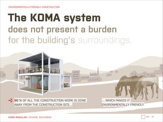 ENVIRONMENTALLY-FRIENDLY CONSTRUCTION

The KOMA system

does not present a burden 
for the building's surroundings.

90 % OF ALL THE CONSTRUCTION WORK IS DONE
AWAY FROM THE CONSTRUCTION SITE…

KOMA MODULAR | SCHOOL BUILDINGS

… WHICH MAKES IT
ENVIRONMENTALLY FRIENDLY.

←|

11

 