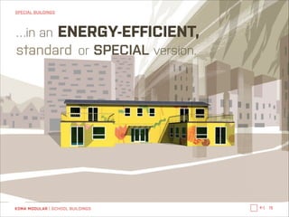 SPECIAL BUILDINGS

…in an

ENERGY-EFFICIENT,

standard or SPECIAL version.

KOMA MODULAR | SCHOOL BUILDINGS

←|

15

 
