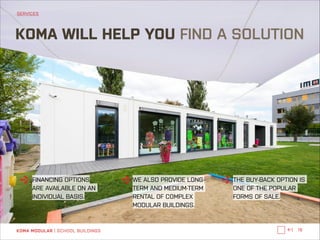 SERVICES

KOMA WILL HELP YOU FIND A SOLUTION

FINANCING OPTIONS 
ARE AVAILABLE ON AN
INDIVIDUAL BASIS.

KOMA MODULAR | SCHOOL BUILDINGS

WE ALSO PROVIDE LONGTERM AND MEDIUM-TERM
RENTAL OF COMPLEX
MODULAR BUILDINGS.

THE BUY-BACK OPTION IS
ONE OF THE POPULAR
FORMS OF SALE.

←|

18

 