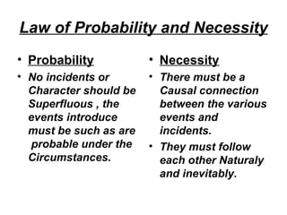 Law of Probability and Necessity
• Probability
• No incidents or
Character should be
Superfluous , the
events introduce
must be such as are
probable under the
Circumstances.
• Necessity
• There must be a
Causal connection
between the various
events and
incidents.
• They must follow
each other Naturaly
and inevitably.
 