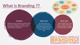 BRANDING
‘Branding’ means tamping a product with a
particular name/logo or symbol. It is how
the product is identified in terms of its
utility, features, quality etc.
BRAND VALUE
The brand value of a
product is determined by
the likeability and fame of a
brand as compared to other
products of the similar
type.
SOCIAL VALUE
Brands observe the social
values , belief, preferences,
etc. of the viewers to trigger
their faith and trust factor.
 