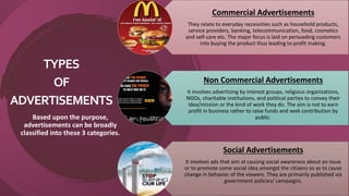 TYPES
OF
ADVERTISEMENTS
Based upon the purpose,
advertisements can be broadly
classified into these 3 categories.
6
Commercial Advertisements
They relate to everyday necessities such as household products,
service providers, banking, telecommunication, food, cosmetics
and self-care etc. The major focus is laid on persuading customers
into buying the product thus leading to profit making.
Non Commercial Advertisements
It involves advertising by interest groups, religious organizations,
NGOs, charitable institutions, and political parties to convey their
idea/mission or the kind of work they do. The aim is not to earn
profit in business rather to raise funds and seek contribution by
public.
Social Advertisements
It involves ads that aim at causing social awareness about an issue
or to promote some social idea amongst the citizens so as to cause
change in behavior of the viewers. They are primarily published via
government policies/ campaigns.
 