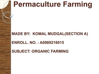 Permaculture Farming
MADE BY: KOMAL MUDGAL(SECTION A)
ENROLL. NO. : A0989216015
SUBJECT: ORGANIC FARMING
 