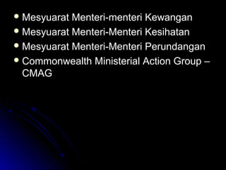  Mesyuarat Menteri-menteri KewanganMesyuarat Menteri-menteri Kewangan
 Mesyuarat Menteri-Menteri KesihatanMesyuarat Menteri-Menteri Kesihatan
 Mesyuarat Menteri-Menteri PerundanganMesyuarat Menteri-Menteri Perundangan
 Commonwealth Ministerial Action Group –Commonwealth Ministerial Action Group –
CMAGCMAG
 