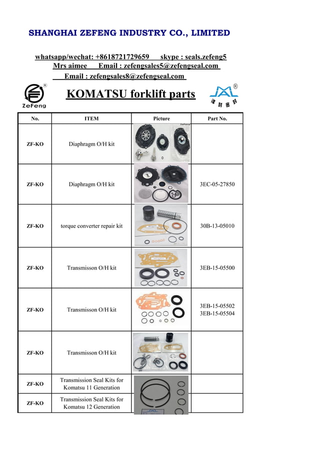 Komatsu forklift parts list from shanghai zefeng industry PDF