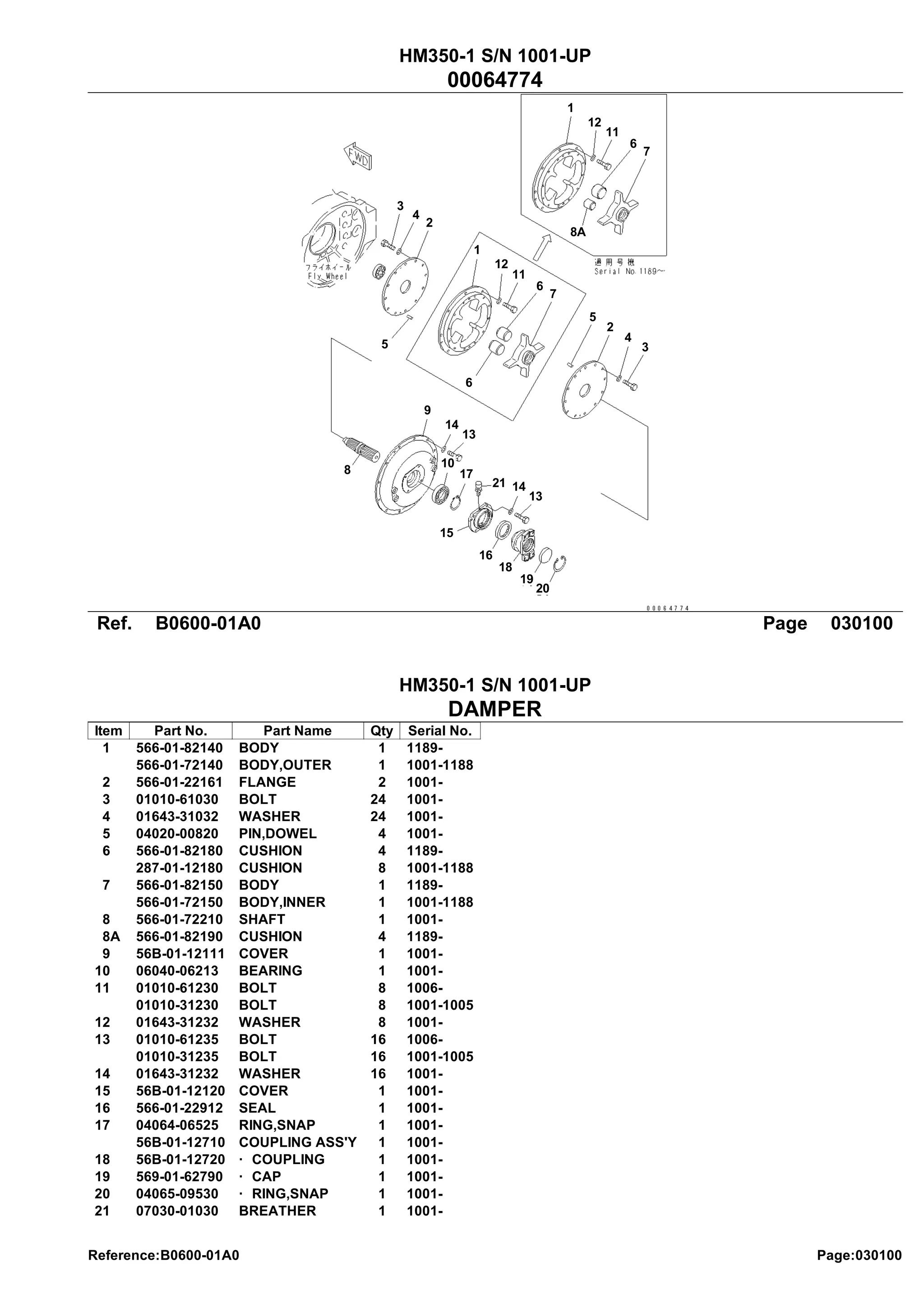 Komatsu hm350 1 articulated dump truck parts catalogue manual sn 1001