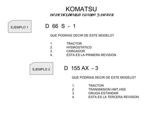 KOMATSU
NO MENCLATURA, EQUIPO Y MOTOR
EJEMPLO 1 D 66 S - 1
QUE PODRIAS DECIR DE ESTE MODELO?
1. TRACTOR
2. HYDROSTATICO
3. CARGADOR
4. ESTA ES LA PRIMERA REVISION
EJEMPLO 2 D 155 AX - 3
QUE PODRIAS DECIR DE ESTE MODELO?
1. TRACTOR
2. TRANSMISION HMT,HSS
3. ORUGA ESTANDAR
4. ESTA ES LA TERCERA REVISION
 