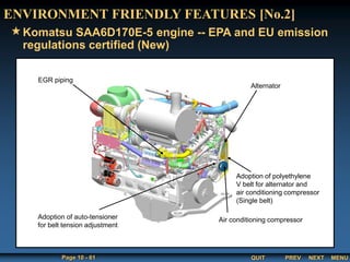 QUIT
Page 10 - 61 PREV MENU
NEXT
Komatsu SAA6D170E-5 engine -- EPA and EU emission
regulations certified (New)
ENVIRONMENT FRIENDLY FEATURES [No.2]
Adoption of polyethylene
V belt for alternator and
air conditioning compressor
(Single belt)
Air conditioning compressor
Adoption of auto-tensioner
for belt tension adjustment
EGR piping
Alternator
 