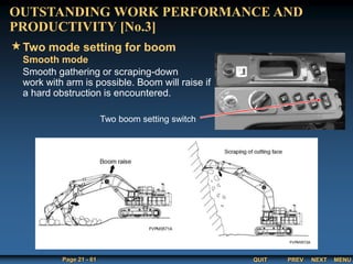 QUIT
Page 21 - 61 PREV MENU
NEXT
Smooth mode
Smooth gathering or scraping-down
work with arm is possible. Boom will raise if
a hard obstruction is encountered.
OUTSTANDING WORK PERFORMANCE AND
PRODUCTIVITY [No.3]
Two mode setting for boom
Two boom setting switch
 