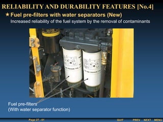 QUIT
Page 27 - 61 PREV MENU
NEXT
Increased reliability of the fuel system by the removal of contaminants
RELIABILITY AND DURABILITY FEATURES [No.4]
Fuel pre-filters with water separators (New)
Fuel pre-filters
(With water separator function)
 