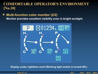 QUIT
Page 39 - 61 PREV MENU
NEXT
Monitor provides excellent visibility even in bright sunlight.
Multi-function color monitor (2/2)
COMFORTABLE OPERATOR'S ENVIRONMENT
[No.10]
Display under nighttime work (Working light switch is turned ON.)
 