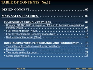 QUIT
Page 4 - 61 PREV MENU
NEXT
TABLE OF CONTENTS [No.1]
DESIGN CONCEPT . . . . . . . . . . . . . . . . . . . . . . . . . . . . . . . . . . . .07
MAIN SALES FEATURES . . . . . . . . . . . . . . . . . . . . . . . . . . . . . . 09
ENVIRONMENT FRIENDLY FEATURES . . . . . . . . . . . . . . . . . . . . . 09
• Komatsu SAA6D170E-5 engine -- EPA and EU emission regulations
certified (New) . . . . . . . . . . . . . . . . . . . . . . . . . . . . . . . . . . . . . . . . 09
• Fuel efficient design (New) . . . . . . . . . . . . . . . . . . . . . . . . . . . . . . . 13
• Four-level selectable Economy mode (New) . . . . . . . . . . . . . . . . . . 15
• Reduced ambient noise (New) . . . . . . . . . . . . . . . . . . . . . . . . . . . . 18
OUTSTANDING WORK PERFORMANCE AND PRODUCTIVITY . . . 19
• Two selectable modes to meet work conditions . . . . . . . . . . . . . . . . 19
• Heavy lift mode . . . . . . . . . . . . . . . . . . . . . . . . . . . . . . . . . . . . . . . 20
• Two mode setting for boom . . . . . . . . . . . . . . . . . . . . . . . . . . . . . . 21
• Swing priority mode . . . . . . . . . . . . . . . . . . . . . . . . . . . . . . . . . . . . 23
 