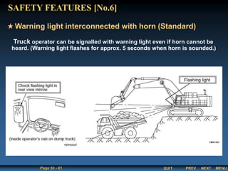 QUIT
Page 53 - 61 PREV MENU
NEXT
Truck operator can be signalled with warning light even if horn cannot be
heard. (Warning light flashes for approx. 5 seconds when horn is sounded.)
Warning light interconnected with horn (Standard)
SAFETY FEATURES [No.6]
 