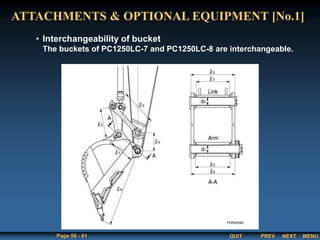 QUIT
Page 56 - 61 PREV MENU
NEXT
• Interchangeability of bucket
The buckets of PC1250LC-7 and PC1250LC-8 are interchangeable.
ATTACHMENTS & OPTIONAL EQUIPMENT [No.1]
 