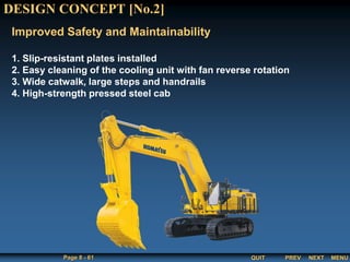 QUIT
Page 8 - 61 PREV MENU
NEXT
DESIGN CONCEPT [No.2]
Improved Safety and Maintainability
1. Slip-resistant plates installed
2. Easy cleaning of the cooling unit with fan reverse rotation
3. Wide catwalk, large steps and handrails
4. High-strength pressed steel cab
 