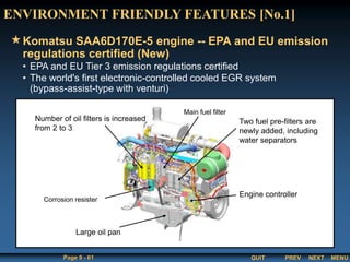 QUIT
Page 9 - 61 PREV MENU
NEXT
Komatsu SAA6D170E-5 engine -- EPA and EU emission
regulations certified (New)
• EPA and EU Tier 3 emission regulations certified
• The world's first electronic-controlled cooled EGR system
(bypass-assist-type with venturi)
ENVIRONMENT FRIENDLY FEATURES [No.1]
Two fuel pre-filters are
newly added, including
water separators
Corrosion resister
Main fuel filter
Engine controller
Large oil pan
Number of oil filters is increased
from 2 to 3
 