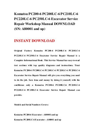 Komatsu PC200-6 PC200LC-6 PC210LC-6
PC220LC-6 PC250LC-6 Excavator Service
Repair Workshop Manual DOWNLOAD
(SN: A80001 and up)
INSTANT DOWNLOAD
Original Factory Komatsu PC200-6 PC200LC-6 PC210LC-6
PC220LC-6 PC250LC-6 Excavator Service Repair Manual is a
Complete Informational Book. This Service Manual has easy-to-read
text sections with top quality diagrams and instructions. Trust
Komatsu PC200-6 PC200LC-6 PC210LC-6 PC220LC-6 PC250LC-6
Excavator Service Repair Manual will give you everything you need
to do the job. Save time and money by doing it yourself, with the
confidence only a Komatsu PC200-6 PC200LC-6 PC210LC-6
PC220LC-6 PC250LC-6 Excavator Service Repair Manual can
provide.
Models and Serial Numbers Covers:
Komatsu PC200-6 Excavator – A80001 and up
Komatsu PC200LC-6 Excavator – A80001 and up
 