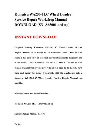 Komatsu WA250-1LC Wheel Loader
Service Repair Workshop Manual
DOWNLOAD (SN: A65001 and up)


INSTANT DOWNLOAD

Original Factory Komatsu WA250-1LC Wheel Loader Service

Repair Manual is a Complete Informational Book. This Service

Manual has easy-to-read text sections with top quality diagrams and

instructions. Trust Komatsu WA250-1LC Wheel Loader Service

Repair Manual will give you everything you need to do the job. Save

time and money by doing it yourself, with the confidence only a

Komatsu WA250-1LC Wheel Loader Service Repair Manual can

provide.



Models Covers and Serial Number:



Komatsu WA250-1LC---A65001 and up



Service Repair Manual Covers:



Engine
 