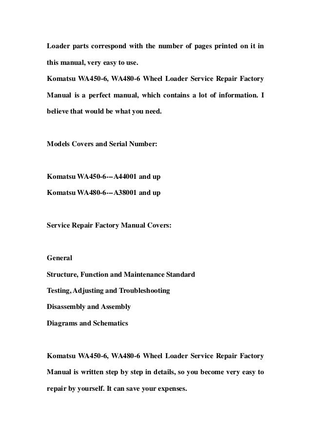Komatsu wa450 6, wa480-6 wheel loader service repair factory manual i…