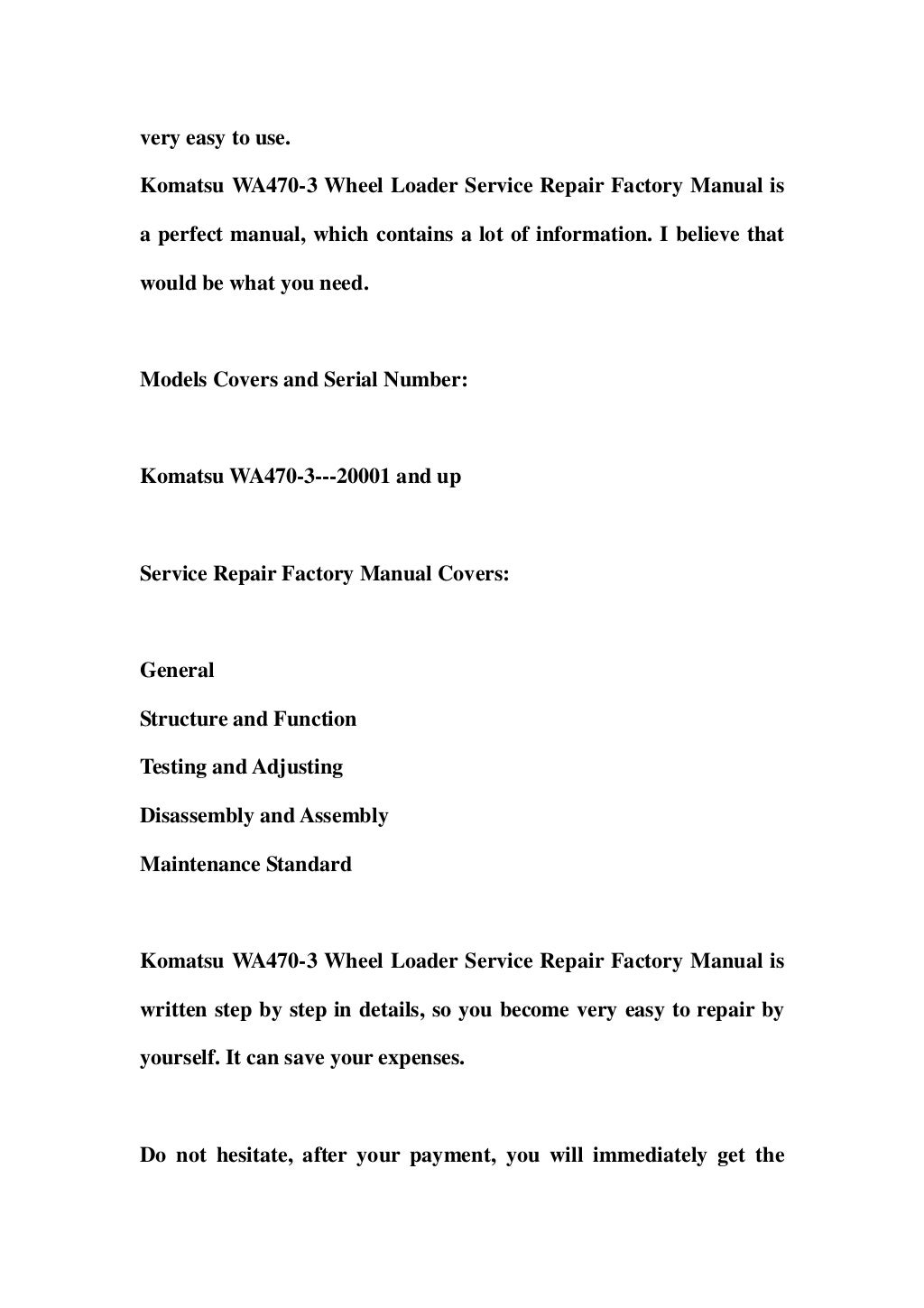 Komatsu wa470 3 wheel loader service repair factory manual instant do…