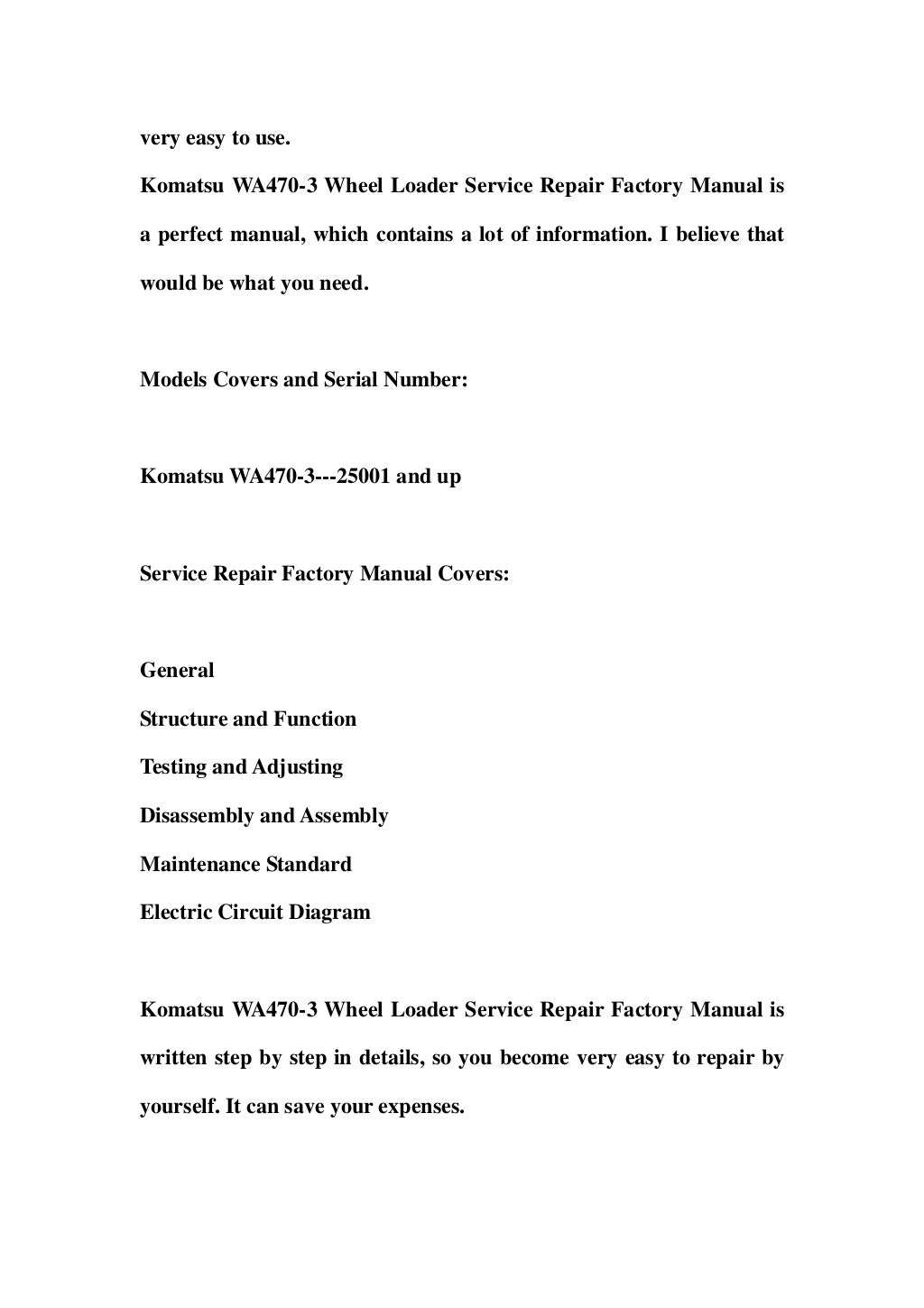 Komatsu wa470 3 wheel loader service repair factory manual instant do…