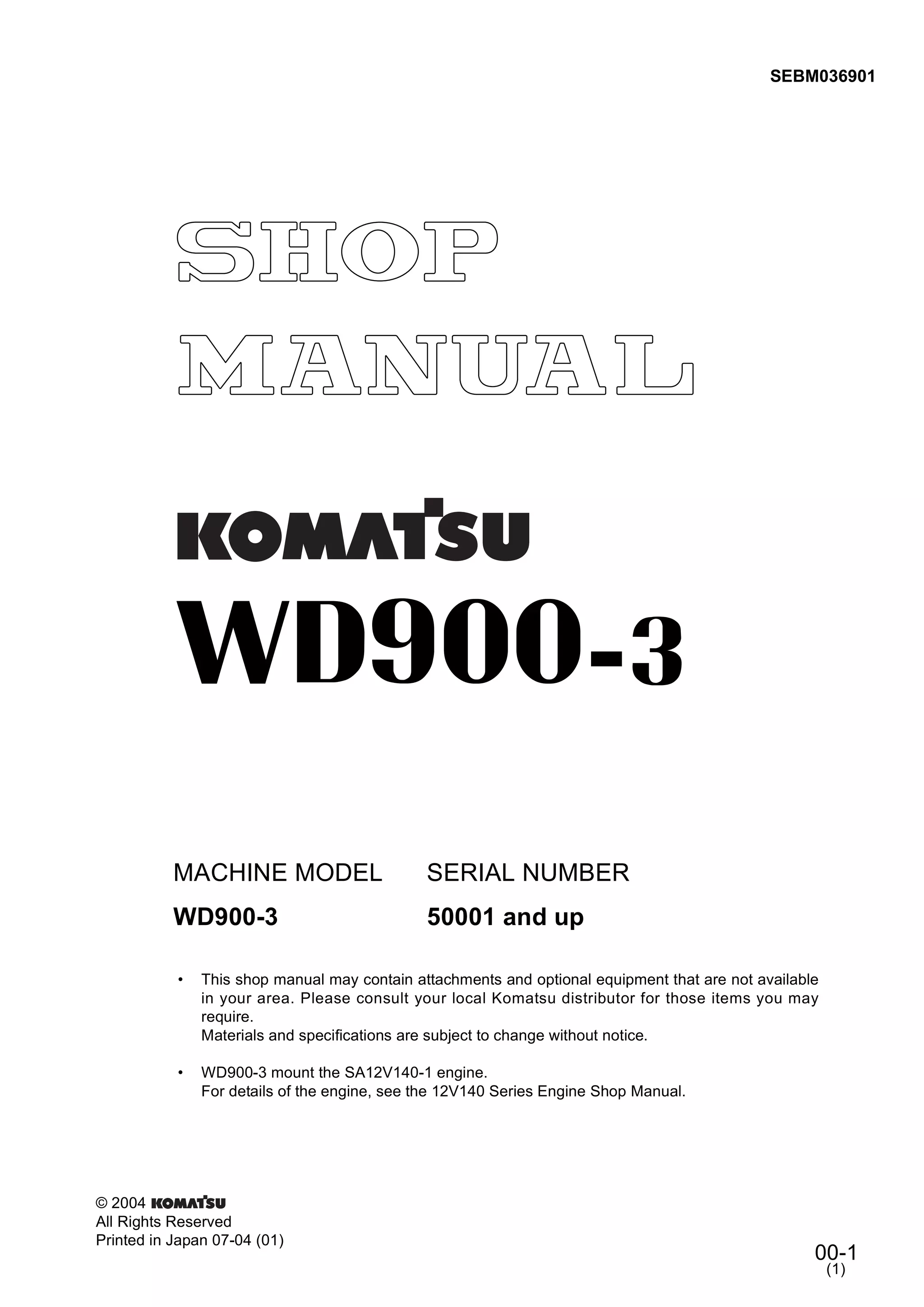 Komatsu wd900 3 wheel dozer service repair manual (sn 50001 and up)