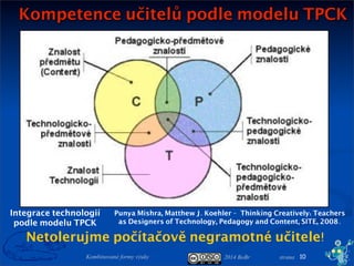 2014 BoBr stranaKombinované formy výuky
Kompetence učitelů podle modelu TPCK
Punya Mishra, Matthew J. Koehler -Thinking Creatively: Teachers
as Designers of Technology, Pedagogy and Content, SITE, 2008.
10
Netolerujme počítačově negramotné učitele!
Integrace technologií
podle modelu TPCK
 
