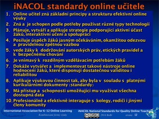 2014 BoBr stranaKombinované formy výuky
1. Online učitel zná základní principy a strukturu efektivní online
výuky
2. Zná aje schopen podle potřeby používat různé typy technologií
3. Plánuje, vytváří a aplikuje strategie podporující aktivní účast
žáků, interaktivní učení a spolupráci
4. Posiluje úspěch žáků jasným očekáváním, okamžitou odezvou
apravidelnou zpětnou vazbou
5. vede žáky kdodržování autorských práv, etických pravidel a
kbezpečnému chování
6. Je vnímavý krozdílným vzdělávacím potřebám žáků
7. Dokáže vytvářet aimplementovat takové nástroje online
hodnocení žáků, které disponují dostatečnou validitou i
reliabilitou
8. Aplikuje výukovou činnost tak, aby byla vsouladu splatnými
kurikulárními dokumenty (standardy)
9. Má přístup aschopnosti umožňující mu využívat všechna
dostupná data
10.Profesionálně a efektivně interaguje skolegy, rodiči i jinými
členy komunity
iNACOL standardy online učitele
12
iNACOL National Standards for Quality Online TeachingInternational Association for K-12 Online Learning
 