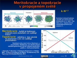 2014 BoBr stranaKombinované formy výuky
Meritokracie a topokracie
v propojeném světě
Meritokracie - každý je hodnocen
úměrně svým zásluhám (víc vydělají
tvůrci)
Topokracie - odměna amoc závislá
na postavení v síti (víc vydělají
prostředníci)
23
Rozložení zisku mezi tvůrce (Rockstars) a
prostředníky (Middlemen) pro ideální případ
náhodně generované sítě při stejném poměrném
podílu uvšech prostředníků.
Rozložení získané hodnoty
(payoff) pro různé úrovně
konektivity (k) usítě s250
členy (N) srůznou úrovní
skutečného přínosu pro
ostatní (T).
J. Borondo, F. Borondo, C. Rodriguez-Sickert & C. A. Hidalgo
(MIT) - To Each According to its Degree: The Meritocracy and
Topocracy of Embedded Markets, 2014
k=N1/2
 