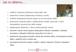 1.zvážíme vhodnost kombinace metod sběru dat 
2.stanovíme výchozí požadovanou strukturu vzorku 
3.ověříme dostupnost cílových skupin na on-line panelu (ČNP) 
4.připravíme script pro jednu z aplikovaných metod, který pak v rámci kompatibility upravíme pro další metody 
5.odpilotujeme dotazníky v rámci kombinovaných metod 
6.kontrolní vzorek cílové skupiny dotazujeme různými metodami, výsledky srovnáme a případné odlišnosti posoudíme (viz bod 1) 
7.operativně upravujeme poměry metod dle rychlosti sběru, kontrolujeme kvalitu sběru, naplnění kvót a kvalitu dat 
8.provedeme kontrolní analýzu rozdílů v datech získaných různými metodami sběru 
Jak to děláme...  
