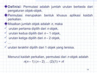 14
Definisi: Permutasi adalah jumlah urutan berbeda dari
pengaturan objek-objek.
Permutasi merupakan bentuk khusus aplikasi kaidah
perkalian.
Misalkan jumlah objek adalah n, maka
  urutan pertama dipilih dari n objek,
 urutan kedua dipilih dari n – 1 objek,
 urutan ketiga dipilih dari n – 2 objek,
 …
 urutan terakhir dipilih dari 1 objek yang tersisa.
 
Menurut kaidah perkalian, permutasi dari n objek adalah
n(n – 1) (n – 2) … (2)(1) = n!
 