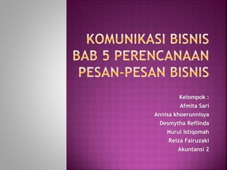 Kelompok :
Afmita Sari
Annisa khoerunnisya
Desmytha Reflinda
Nurul Istiqomah
Reiza Fairuzaki
Akuntansi 2
 
