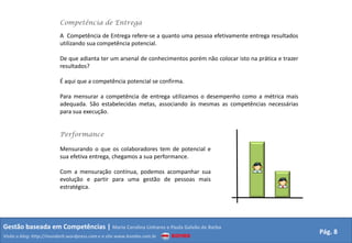 Competência de Entrega

                         A Competência de Entrega refere-se a quanto uma pessoa efetivamente entrega resultados
                         utilizando sua competência potencial.

                         De que adianta ter um arsenal de conhecimentos porém não colocar isto na prática e trazer
                         resultados?

                         É aqui que a competência potencial se confirma.

                         Para mensurar a competência de entrega utilizamos o desempenho como a métrica mais
                         adequada. São estabelecidas metas, associando às mesmas as competências necessárias
                         para sua execução.


                         Performance

                         Mensurando o que os colaboradores tem de potencial e
                         sua efetiva entrega, chegamos a sua performance.

                         Com a mensuração contínua, podemos acompanhar sua
                         evolução e partir para uma gestão de pessoas mais
                         estratégica.




Gestão baseada em Competências | Maria Carolina Linhares e Paula Galvão de Barba
                                                                                                                     Pág. 8
Visite o blog: http://mundorh.wordpress.com e o site www.kombo.com.br
 