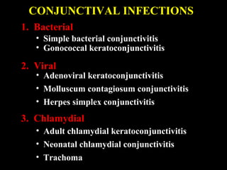 1. Bacterial
• Simple bacterial conjunctivitis
• Gonococcal keratoconjunctivitis
2. Viral
• Adenoviral keratoconjunctivitis
• Molluscum contagiosum conjunctivitis
• Herpes simplex conjunctivitis
• Adult chlamydial keratoconjunctivitis
• Neonatal chlamydial conjunctivitis
• Trachoma
3. Chlamydial
CONJUNCTIVAL INFECTIONS
 