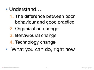 • Understand…
1. The difference between poor
behaviour and good practice
2. Organization change
3. Behavioural change
4. Technology change
• What you can do, right now
RE-DEFINING TODAY’S COMMUNICATOR #komdagen @jangles6
 
