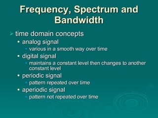 Frequency, Spectrum and Bandwidth time domain concepts analog signal various in a smooth way over time digital signal maintains a constant level then changes to another constant level periodic signal pattern repeated over time aperiodic signal pattern not repeated over time 