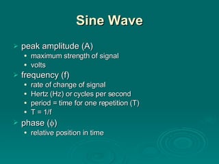 Sine Wave peak amplitude (A) maximum strength of signal volts frequency (f) rate of change of signal Hertz (Hz) or cycles per second period = time for one repetition (T) T = 1/f phase (  ) relative position in time 