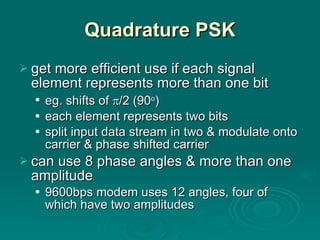Quadrature PSK get more efficient use if each signal element represents more than one bit eg. shifts of   /2 (90 o ) each element represents two bits split input data stream in two & modulate onto carrier & phase shifted carrier can use 8 phase angles & more than one amplitude 9600bps modem uses 12 angles, four of which have two amplitudes 