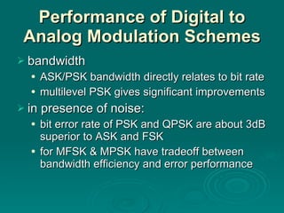 Performance of Digital to Analog Modulation Schemes bandwidth ASK/PSK bandwidth directly relates to bit rate multilevel PSK gives significant improvements in presence of noise: bit error rate of PSK and QPSK are about 3dB superior to ASK and FSK for MFSK & MPSK have tradeoff between bandwidth efficiency and error performance  