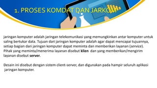 1. PROSES KOMDAT DAN JARKOM
jaringan komputer adalah jaringan telekomunikasi yang memungkinkan antar komputer untuk
saling bertukar data. Tujuan dari jaringan komputer adalah agar dapat mencapai tujuannya,
setiap bagian dari jaringan komputer dapat meminta dan memberikan layanan (service).
Pihak yang meminta/menerima layanan disebut klien dan yang memberikan/mengirim
layanan disebut server.
Desain ini disebut dengan sistem client-server, dan digunakan pada hampir seluruh aplikasi
jaringan komputer.
 