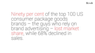 Ninety per cent of the top 100 US
consumer package goods
brands – the guys who rely on
brand advertising – lost market
share, while 68% declined in
sales.
 