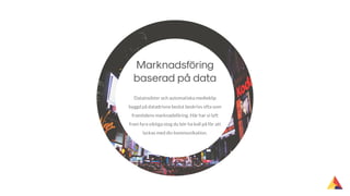 Marknadsföring
baserad på data
Datainsikter och automatiska medieköp
byggd på datadrivna beslut beskrivs ofta som
framtidens marknadsföring. Här har vi lyft
fram fyra viktiga steg du bör ha koll på för att
lyckas med din kommunikation.
 