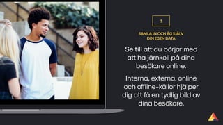 Se till att du börjar med
att ha järnkoll på dina
besökare online.
SAMLA IN OCH ÄG SJÄLV
DIN EGEN DATA
1
Interna, externa, online
och offline-källor hjälper
dig att få en tydlig bild av
dina besökare.
 
