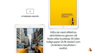 4
UTVÄRDERA I REALTID
Hitta de mest effektiva
aktiviteterna genom att
testa olika budskap till olika
målgrupper (A/B-tester) och
utvärdera resultaten i
realtid.
 