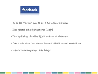 - Ca 35 000 ”Jämtar” över 18 år, > 4,8 milj anv i Sverige

- Även företag och organisationer (Sidor]

- Viral spridning: bland familj, nära vänner och bekanta


- Fokus: relationer med vänner, bekanta och till viss del varumärken


- Största användargrupp: 18-34 åringar
 